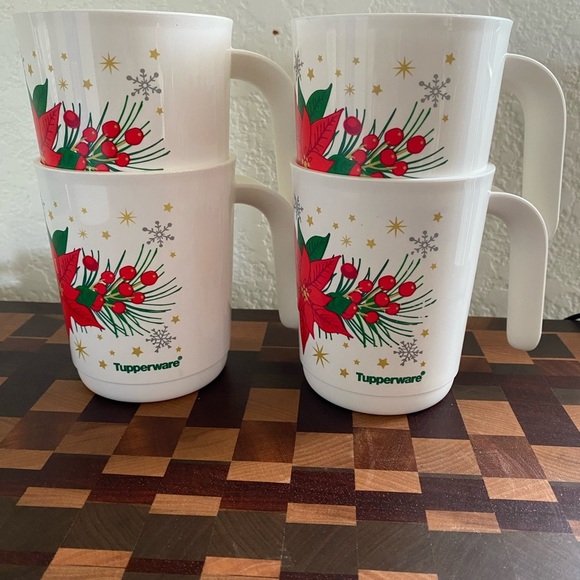 4 Tupperware Ilumina Poinsettia Festive Holiday Stackable Mugs Red White 350ml - Picture 5 of 14